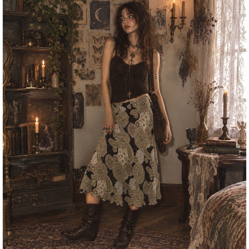 Vintage Y2K Midi Skirt Paisley Ruffle Chiffon Fairy Grunge Whimsigoth 10 P Bias